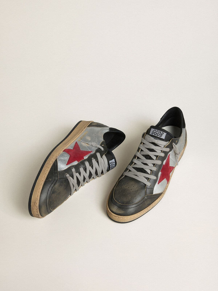 męskie buty ball star ltd ze srebrnej laminowanej skóry z czerwoną gwiazdą zamszową i czarnymi wstawkami