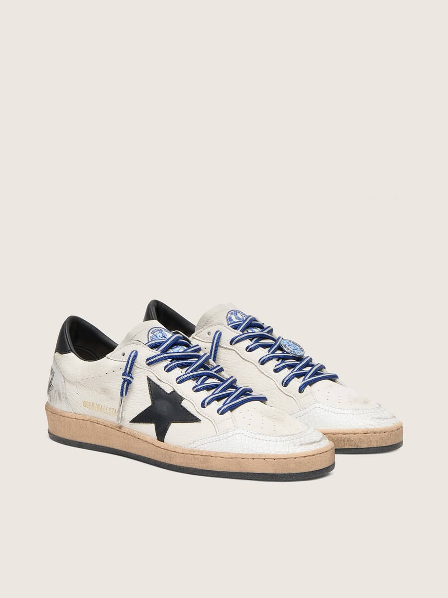 męskie buty ball star ltd inspirowane tenisem wykonane z białej skóry nappa z czarną skórzaną gwiazdą i zapięciem na pięcie