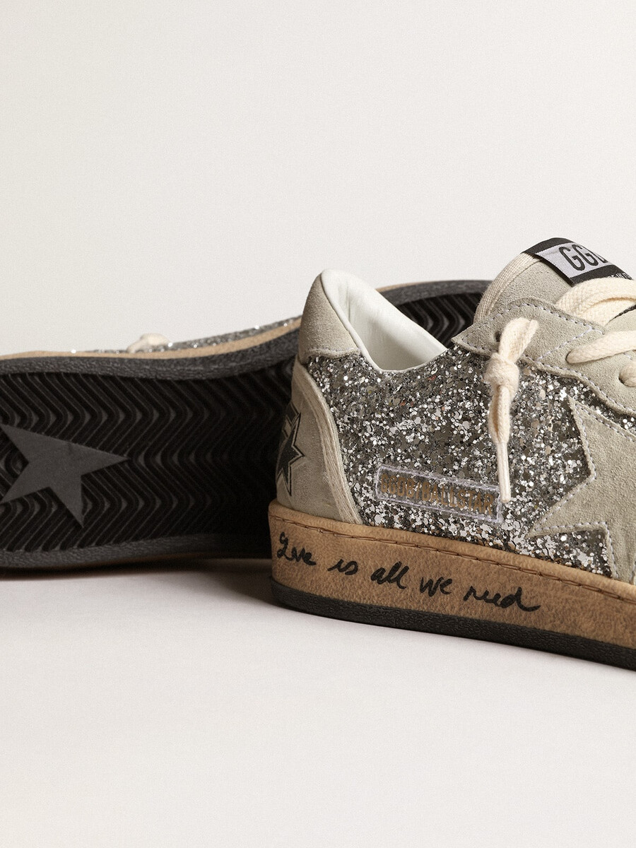 damskie buty ball star w srebrnym brokacie z wstawkami z lodowo-szarego zamszu