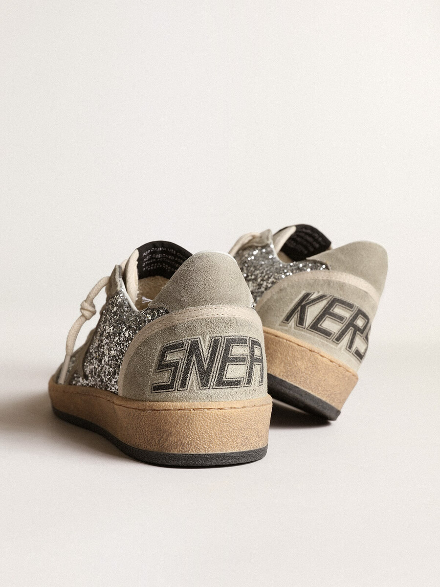damskie buty ball star w srebrnym brokacie z wstawkami z lodowo-szarego zamszu