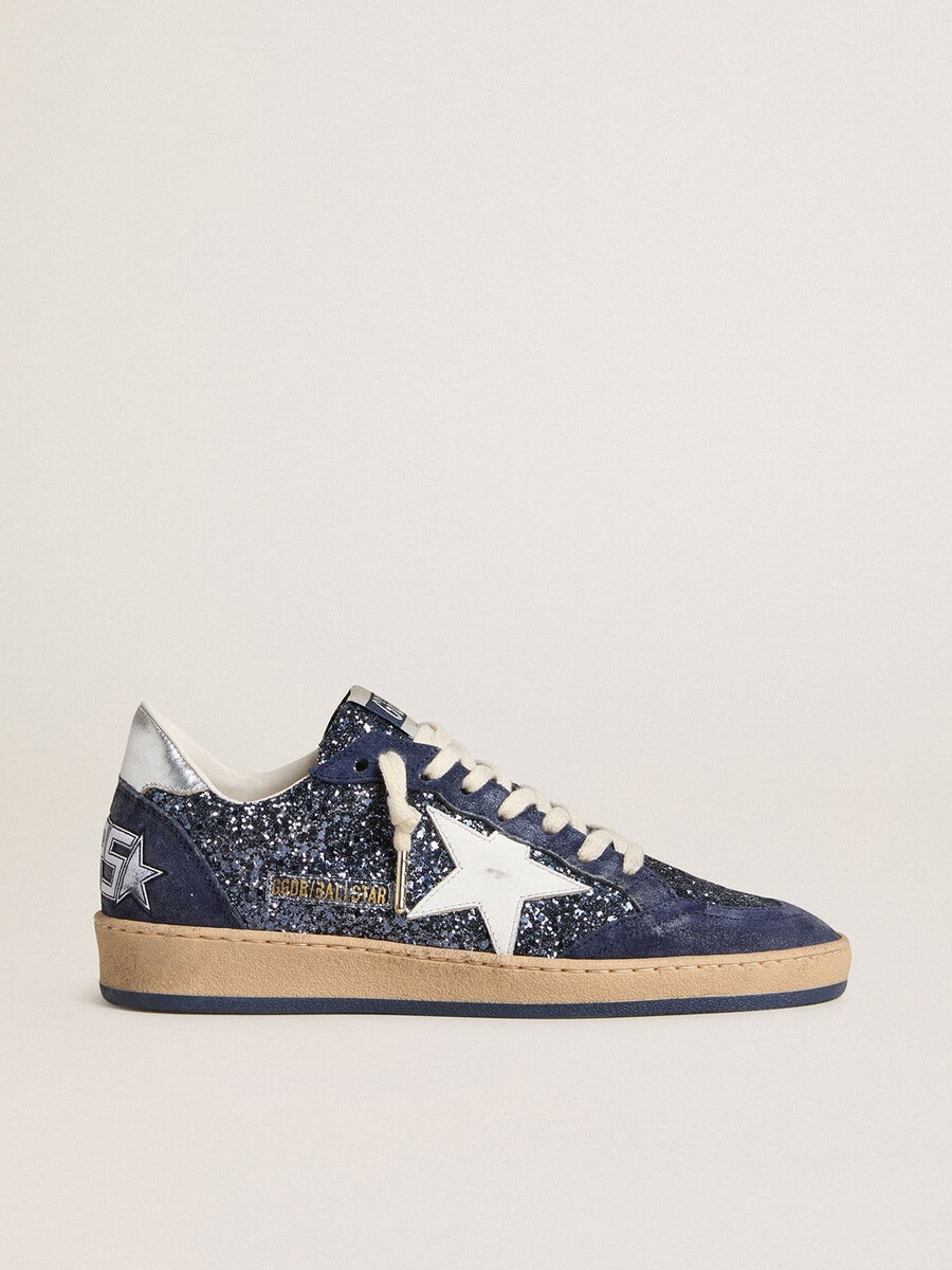 damskie buty ball star ltd w kolorze niebieskim z brokatem ze skórzaną gwiazdką i metalicznym skórzanym paskiem na pięcie