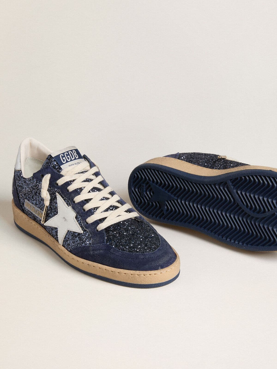 damskie buty ball star ltd w kolorze niebieskim z brokatem ze skórzaną gwiazdką i metalicznym skórzanym paskiem na pięcie