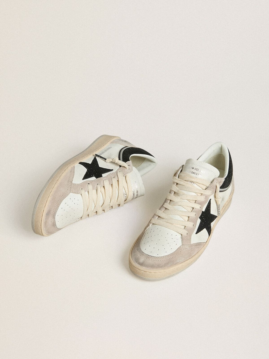 damskie buty ball star ltd ze skóry nappa z czarnymi kryształowymi gwiazdami i wstawkami z beżowego zamszu