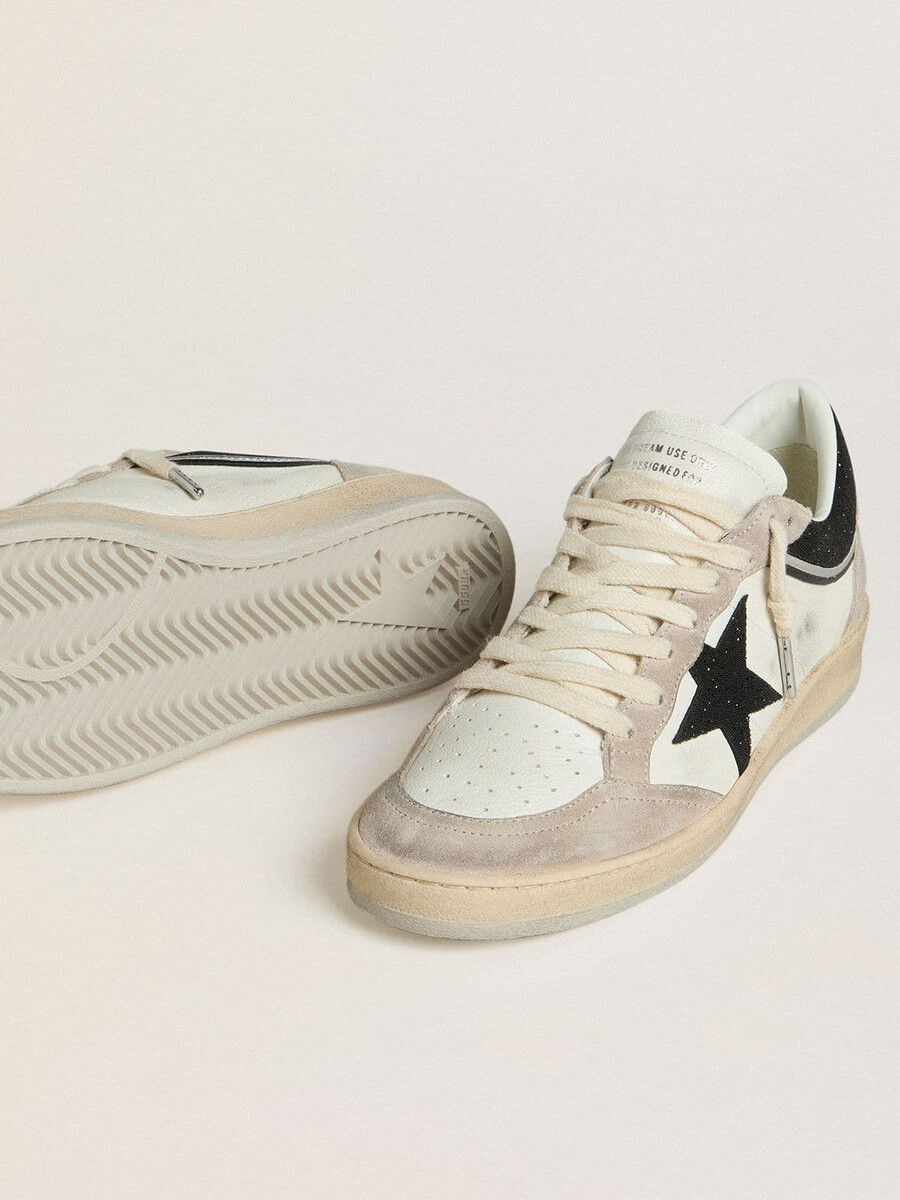 damskie buty ball star ltd ze skóry nappa z czarnymi kryształowymi gwiazdami i wstawkami z beżowego zamszu