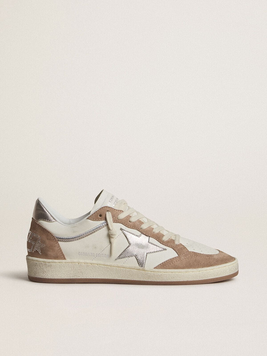 buty ball star ltd z białej skóry nappa i zamszu w kolorze starej róży z metaliczną srebrną gwiazdą ze skóry i zapięciem na pięcie