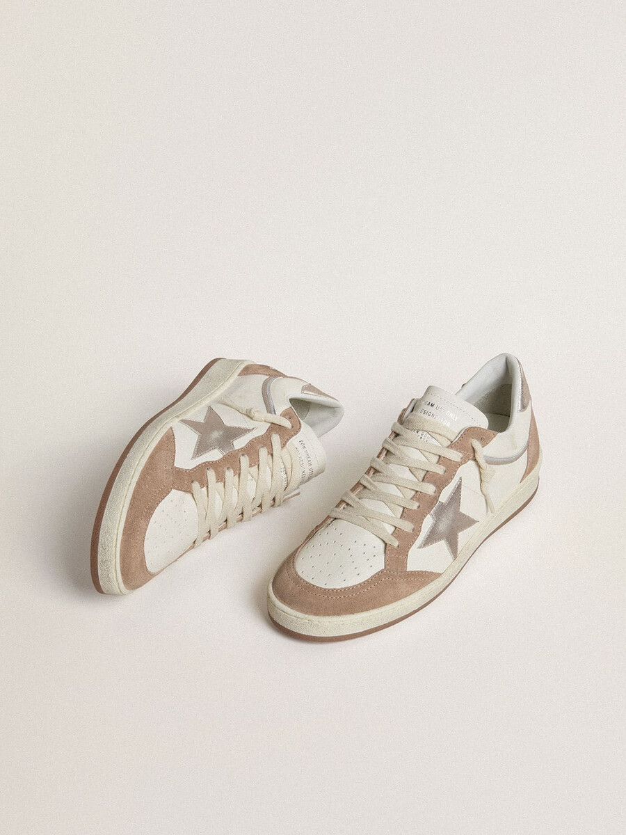 buty ball star ltd z białej skóry nappa i zamszu w kolorze starej róży z metaliczną srebrną gwiazdą ze skóry i zapięciem na pięcie