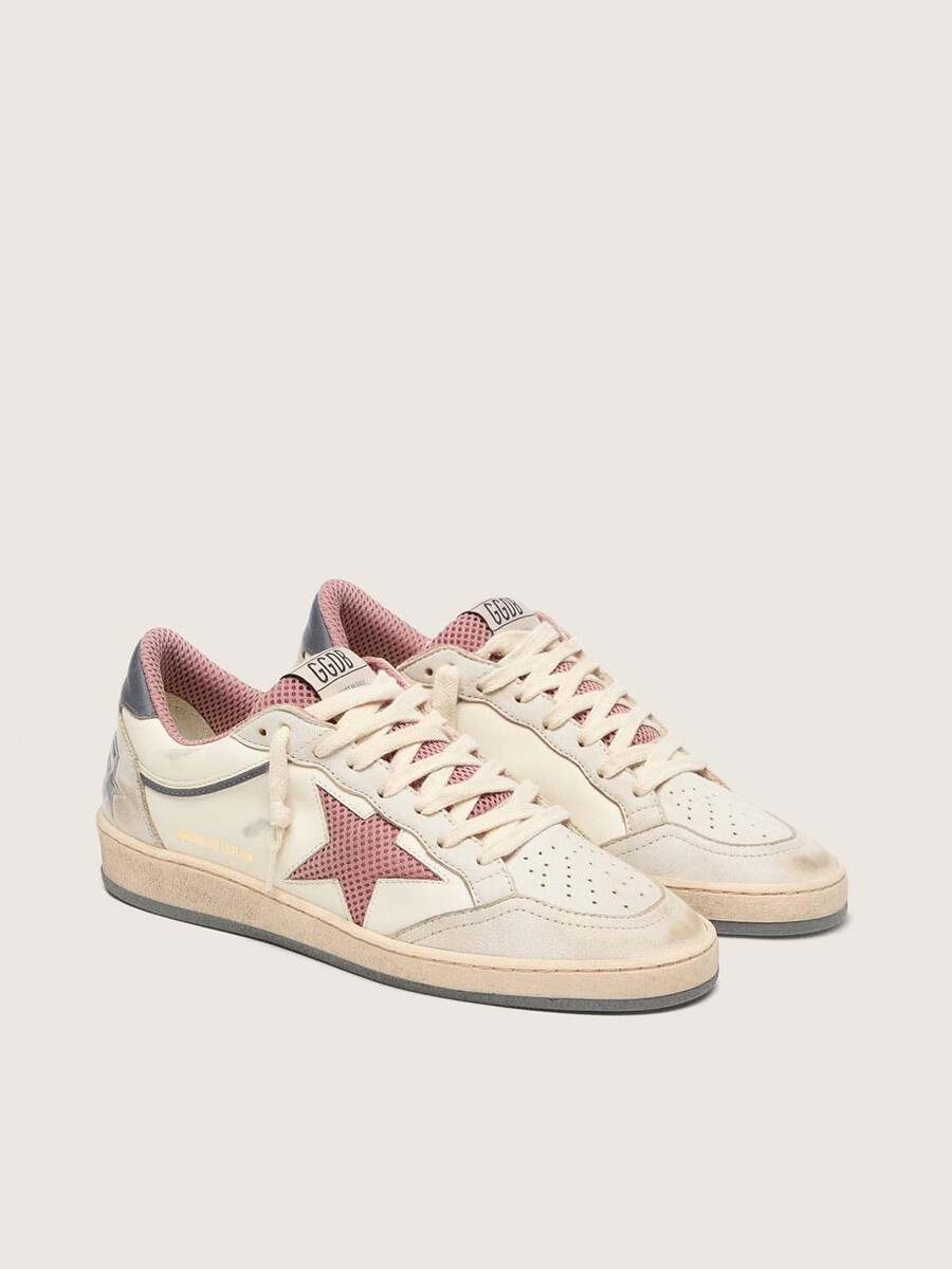 damskie buty ball star ltd ze skóry w kolorze beżowym z różową siateczką i niebieską skórzaną zatyczką na pięcie