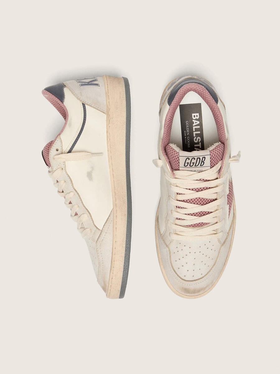 damskie buty ball star ltd ze skóry w kolorze beżowym z różową siateczką i niebieską skórzaną zatyczką na pięcie