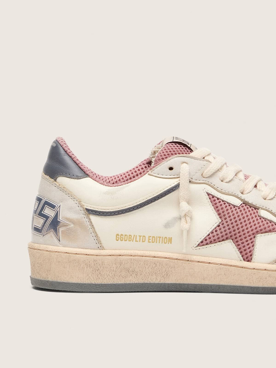 damskie buty ball star ltd ze skóry w kolorze beżowym z różową siateczką i niebieską skórzaną zatyczką na pięcie
