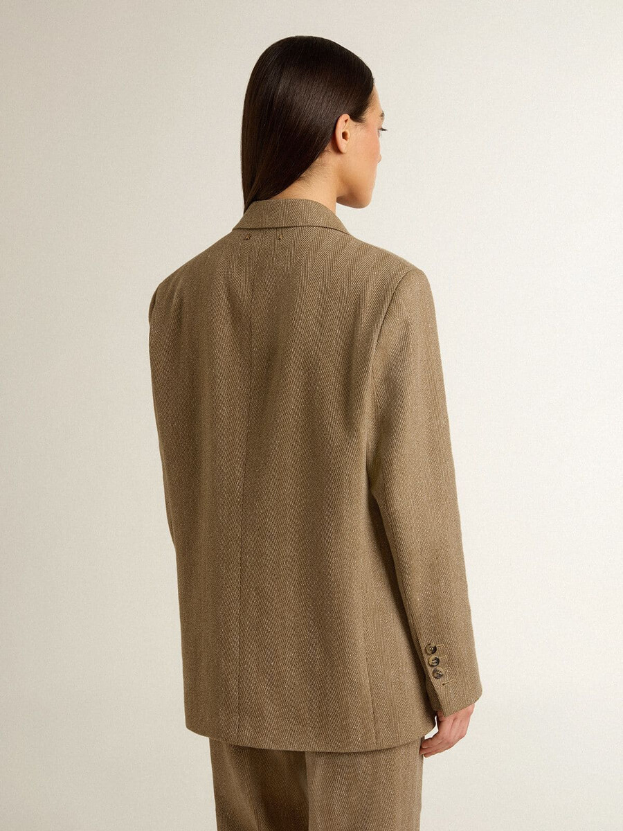 marynarka damska jednorzędowa w kolorze piaskowym w jodełkę