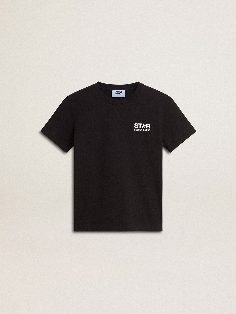 czarny t-shirt z kontrastowym białym logo z przodu i dużą gwiazdą z tyłu