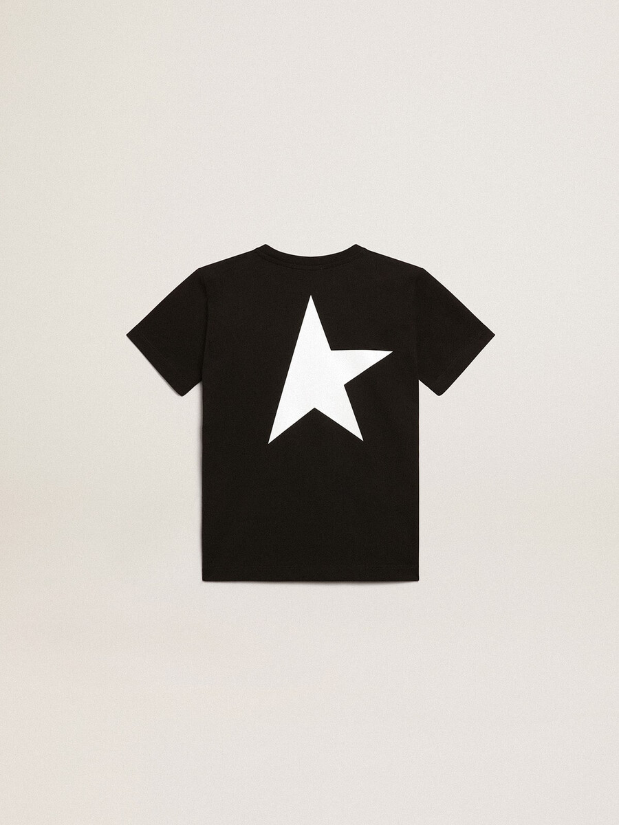 czarny t-shirt z kontrastowym białym logo z przodu i dużą gwiazdą z tyłu