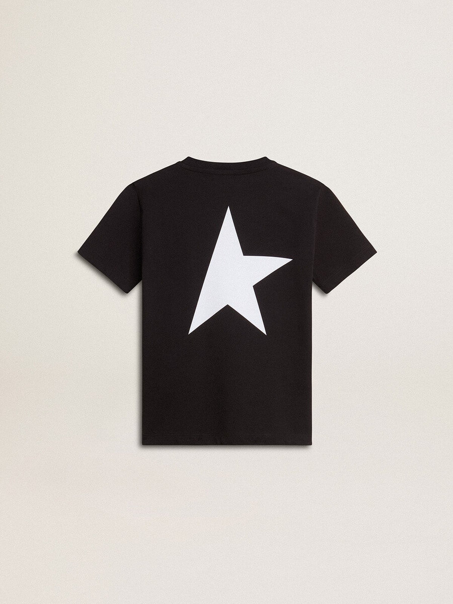 czarny t-shirt z kontrastowym białym logo z przodu i dużą gwiazdą z tyłu