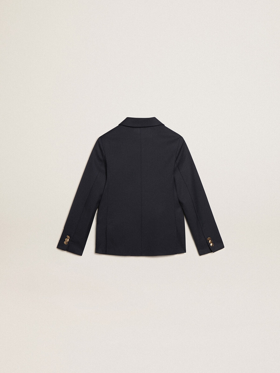 dwurzędowa marynarka chłopięca w kolorze ciemnoniebieskim zapinana na guziki