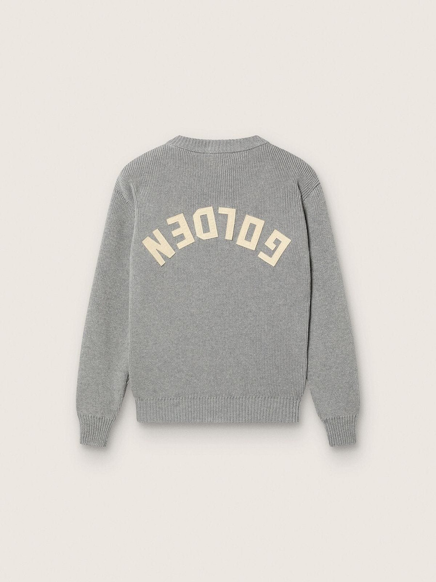 złoty sweterek unisex dla dzieci w prążkowanym szarym melanżu z logo na plecach