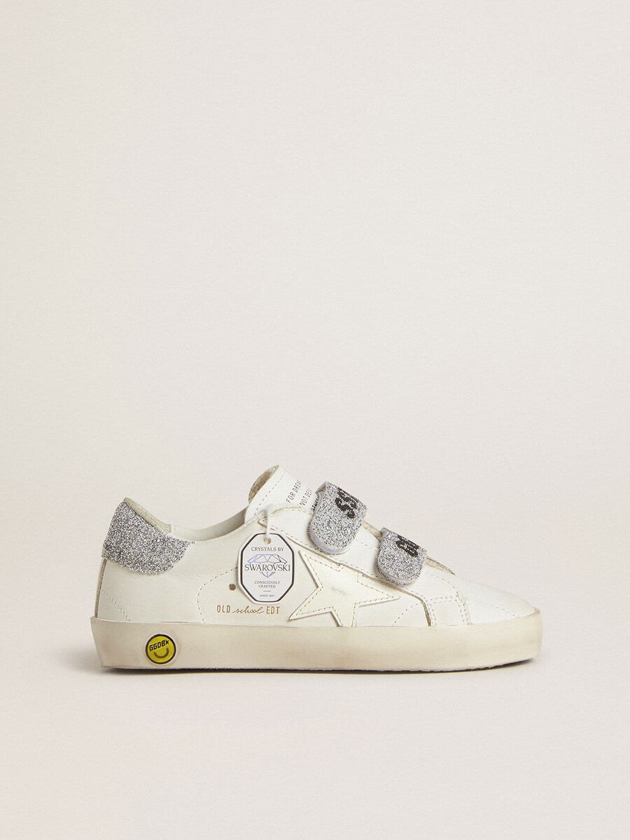 buty teen old school w kolorze białym ze skóry z kryształkami swarovskiego w kolorze srebrnym na pięcie i paskami