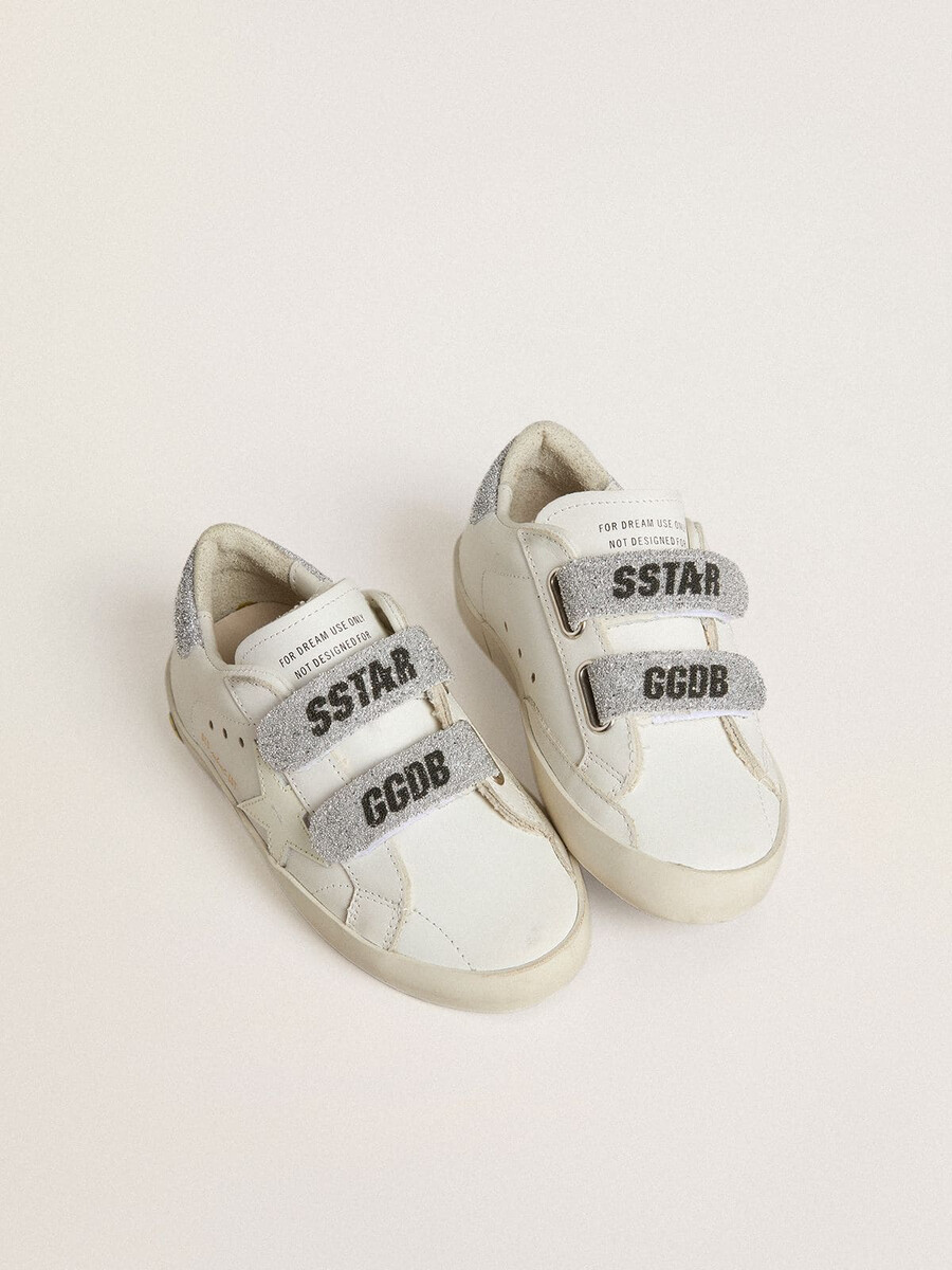 buty teen old school w kolorze białym ze skóry z kryształkami swarovskiego w kolorze srebrnym na pięcie i paskami
