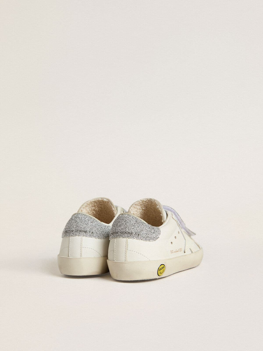 buty teen old school w kolorze białym ze skóry z kryształkami swarovskiego w kolorze srebrnym na pięcie i paskami