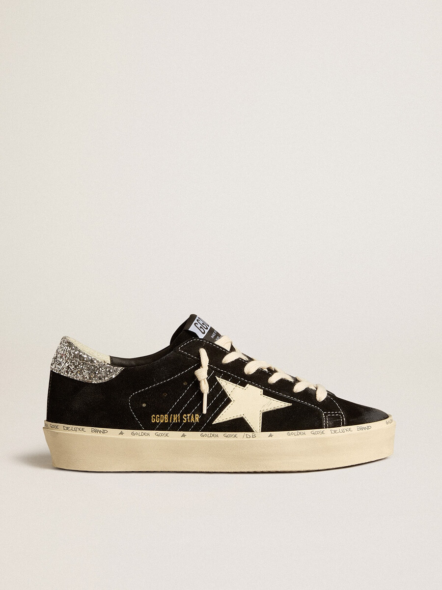 damskie buty hi star w czarnej skórze ze srebrnym brokatowym paskiem na pięcie