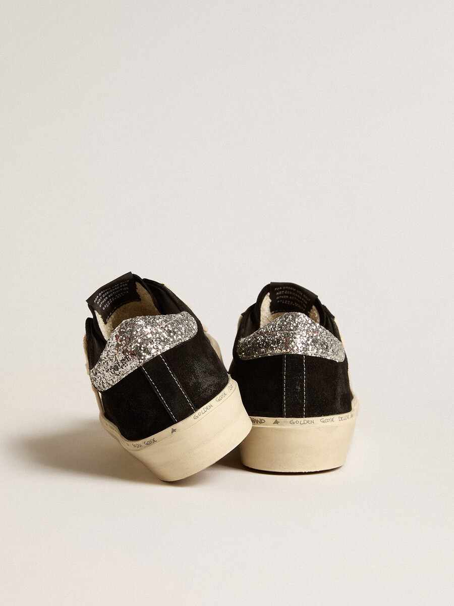 damskie buty hi star w czarnej skórze ze srebrnym brokatowym paskiem na pięcie
