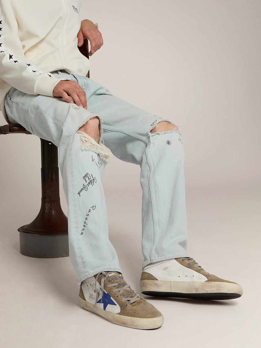 męskie buty mid star z niebieską skórzaną gwiazdą i wstawkami z gołębiego szarego zamszu