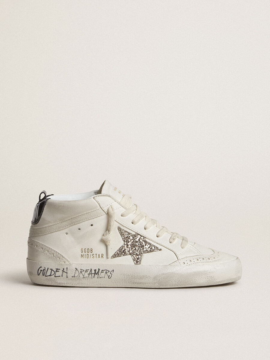 damskie buty mid star ze srebrną brokatową gwiazdą i czarnym laminowanym paskiem na pięcie
