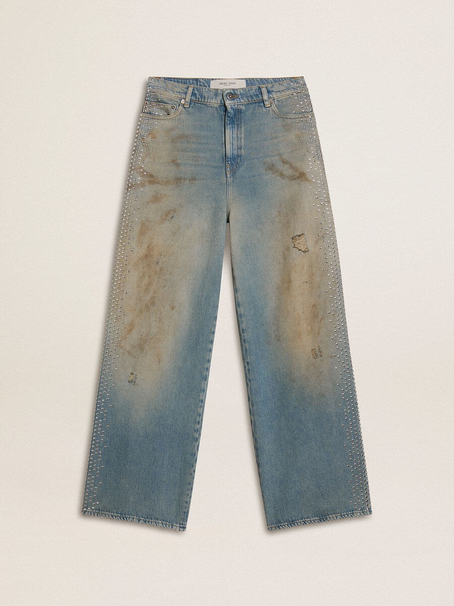 damskie jeansy boyfriend z efektem sprania i ćwiekami