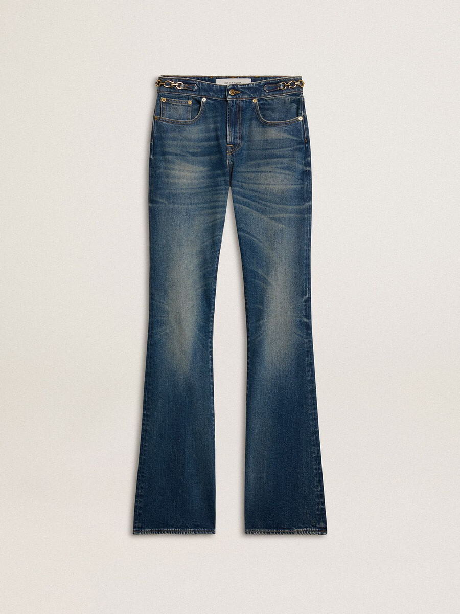 damskie jeansy typu bootcut z efektem vintage i metalicznym wykończeniem