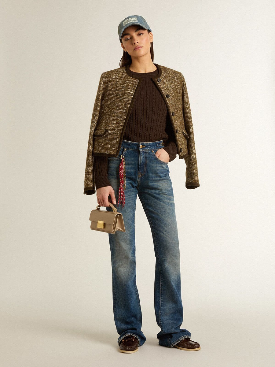 damskie jeansy typu bootcut z efektem vintage i metalicznym wykończeniem
