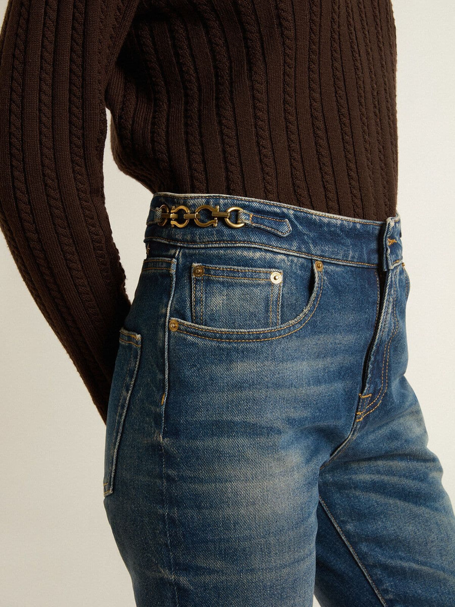 damskie jeansy typu bootcut z efektem vintage i metalicznym wykończeniem