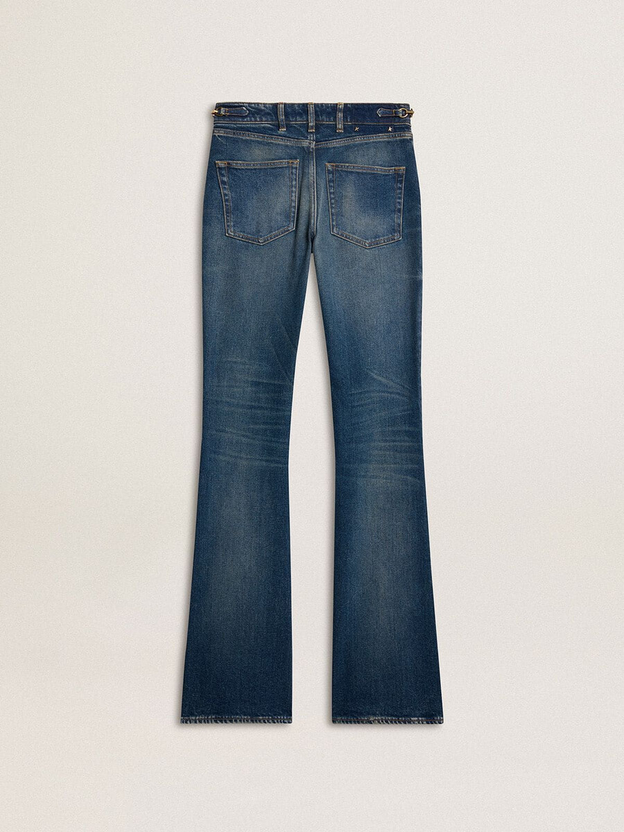 damskie jeansy typu bootcut z efektem vintage i metalicznym wykończeniem