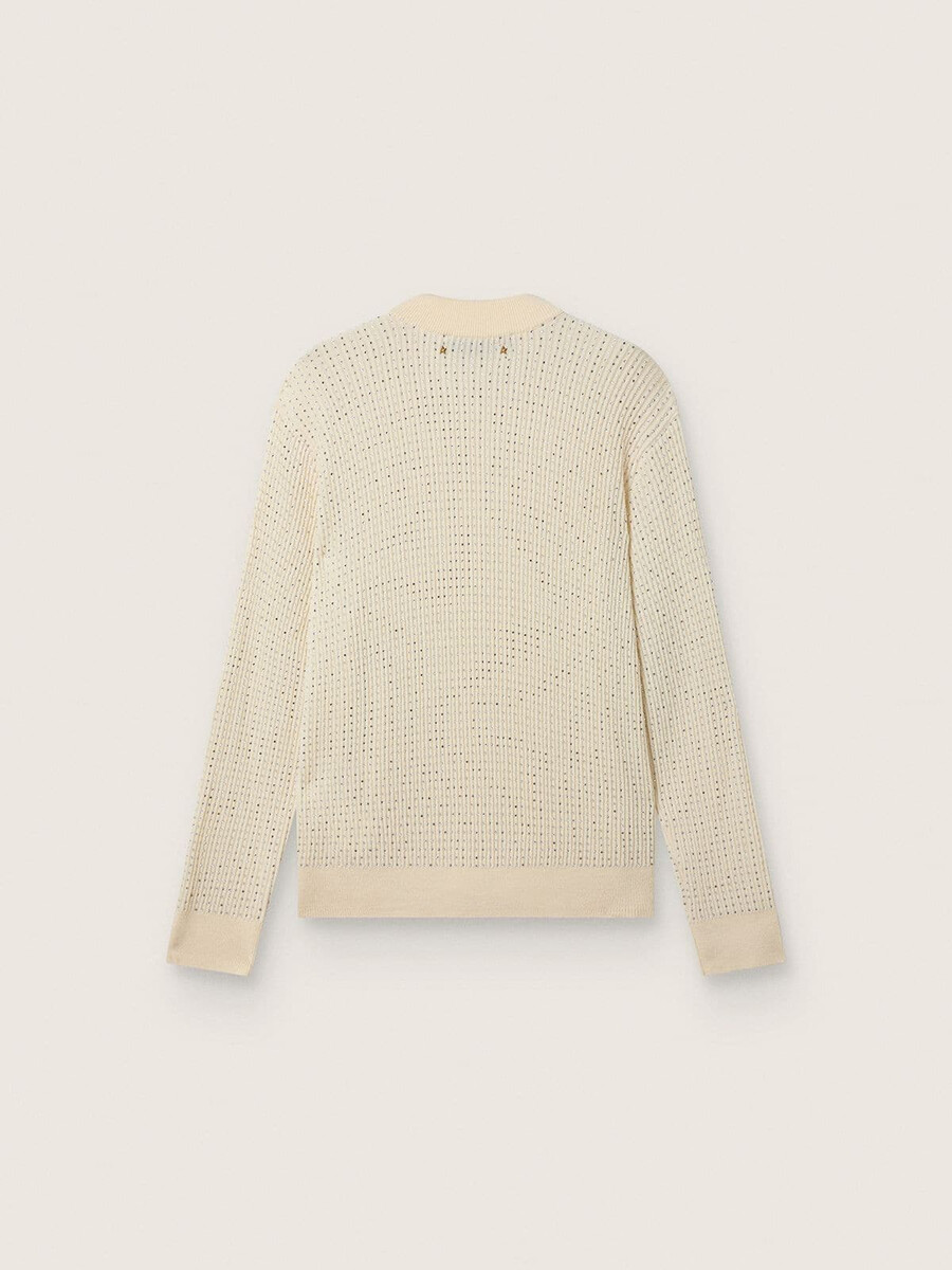 męski sweter z okrągłym dekoltem z białej wełny merynosowej z kryształkami na całej powierzchni