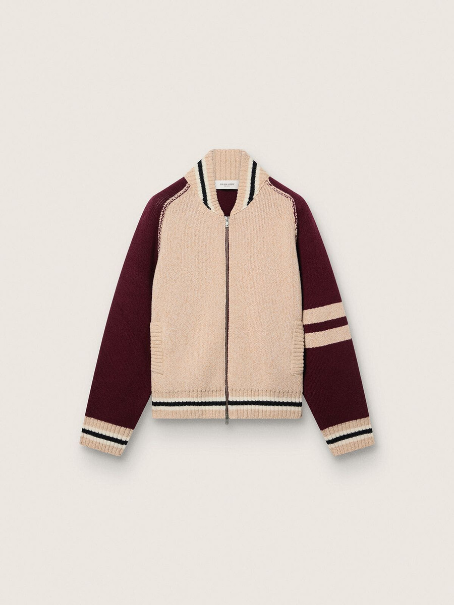 kurtka typu bomber unisex z dzianiny żakardowej w kolorze białym i bordowym