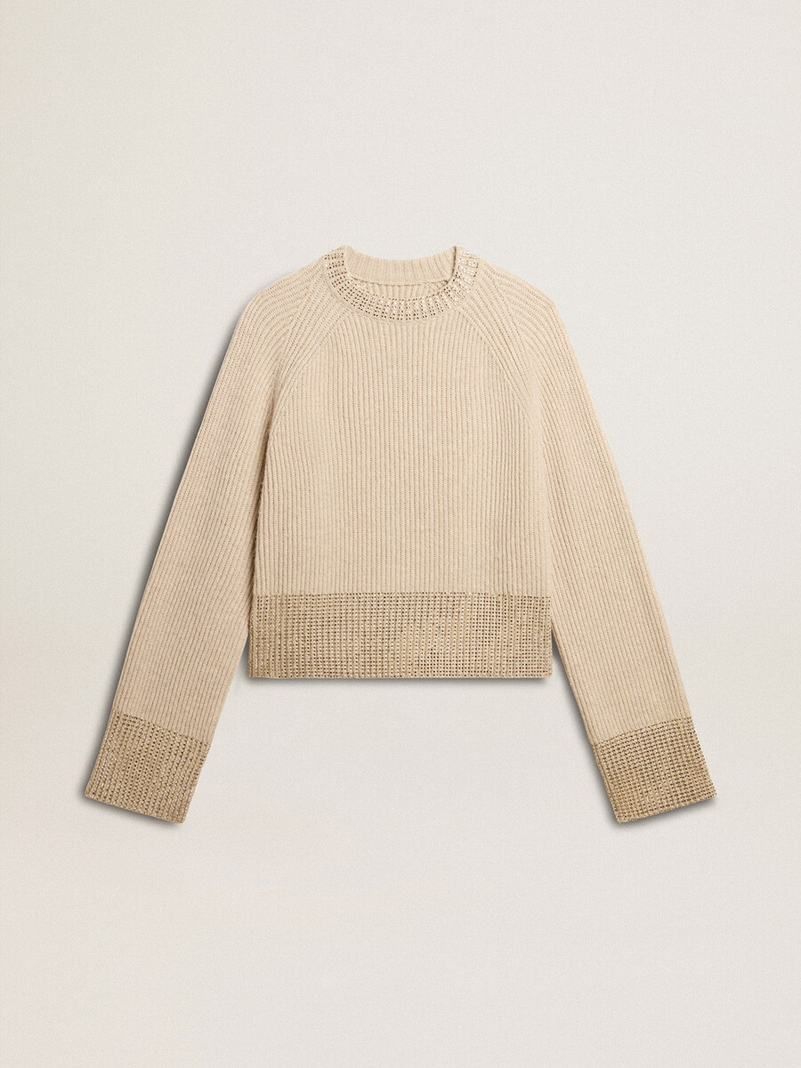 sweter damski pudełkowy z wełny z kryształkami w technice hotfix