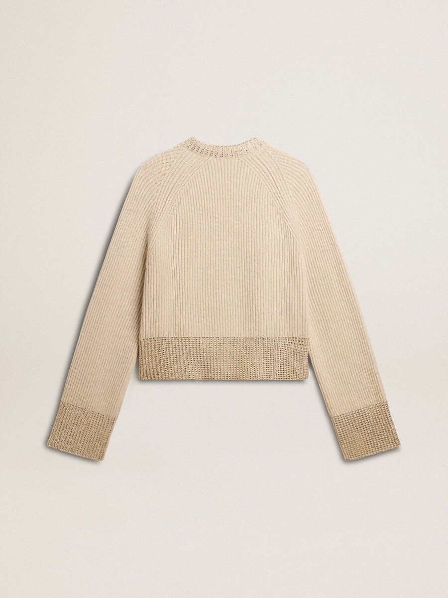 sweter damski pudełkowy z wełny z kryształkami w technice hotfix