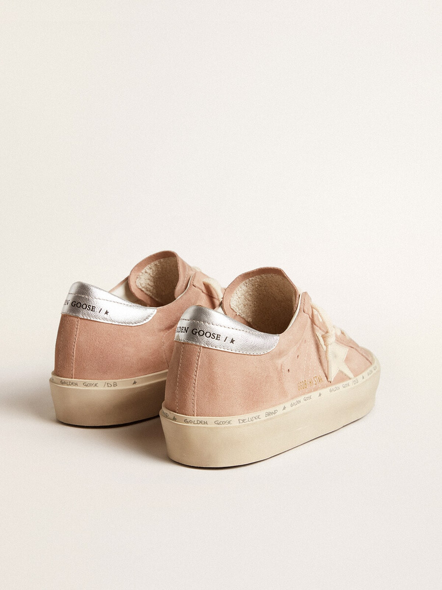damskie buty hi star z różowego zamszu z kremową gwiazdą i srebrną skórzaną pętelką na pięcie