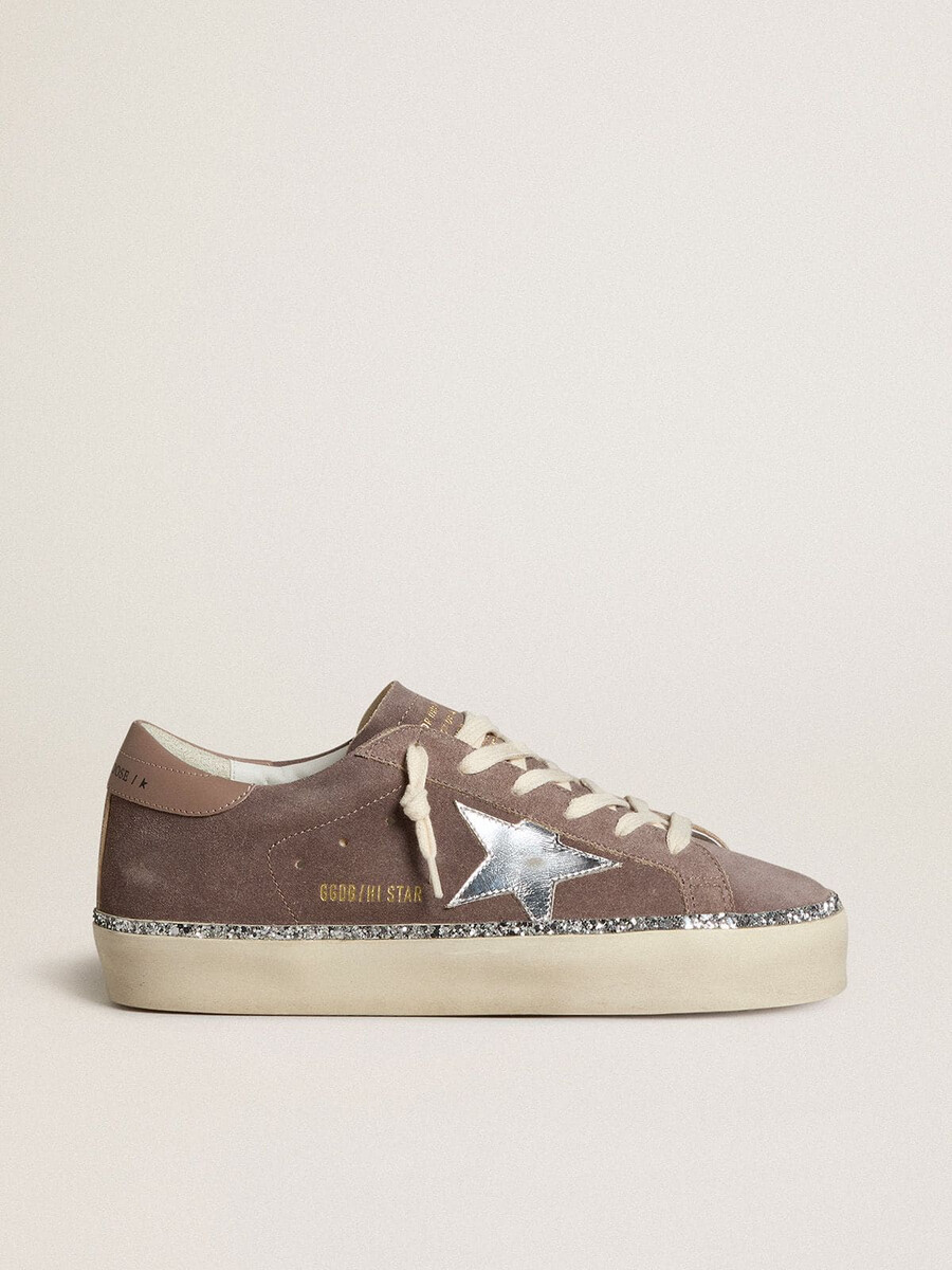 damskie buty hi star ze zamszu ze srebrną gwiazdą ze skóry i skórzanym paskiem na pięcie