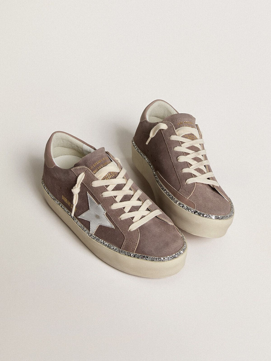damskie buty hi star ze zamszu ze srebrną gwiazdą ze skóry i skórzanym paskiem na pięcie