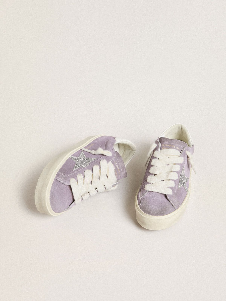damskie buty hi star ze fioletowego zamszu ze srebrną brokatową gwiazdką