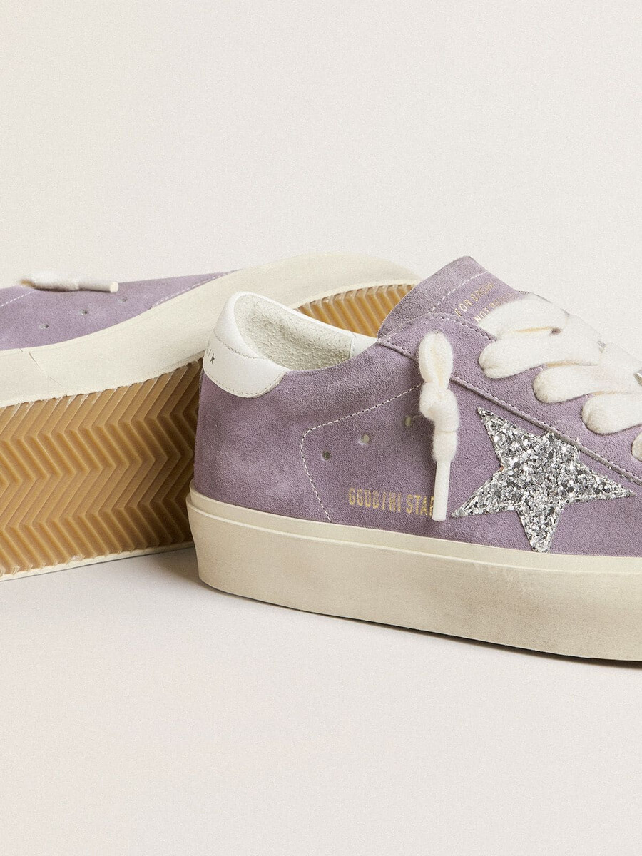 damskie buty hi star ze fioletowego zamszu ze srebrną brokatową gwiazdką