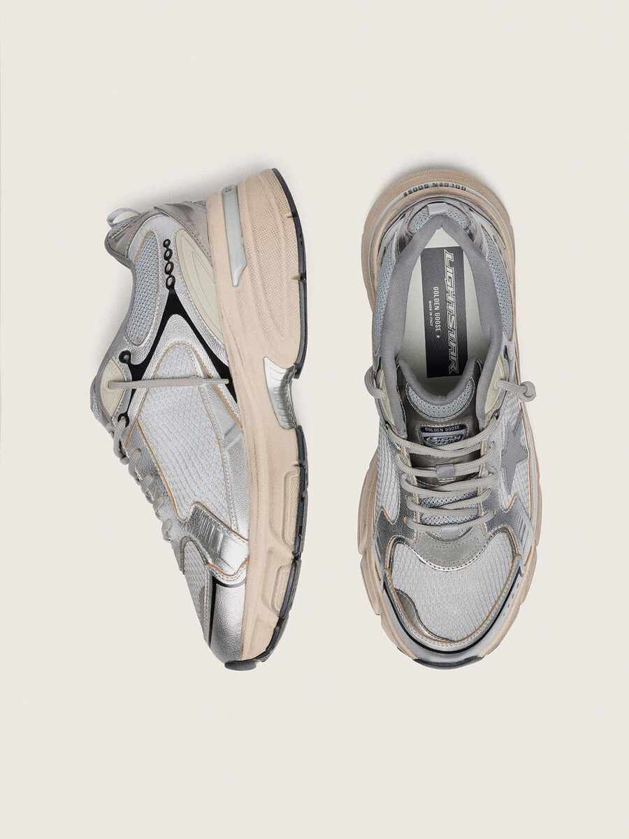 męskie buty lightstar z szarej siateczki i srebrnej skóry nappa z szarą gwiazdą z tpu