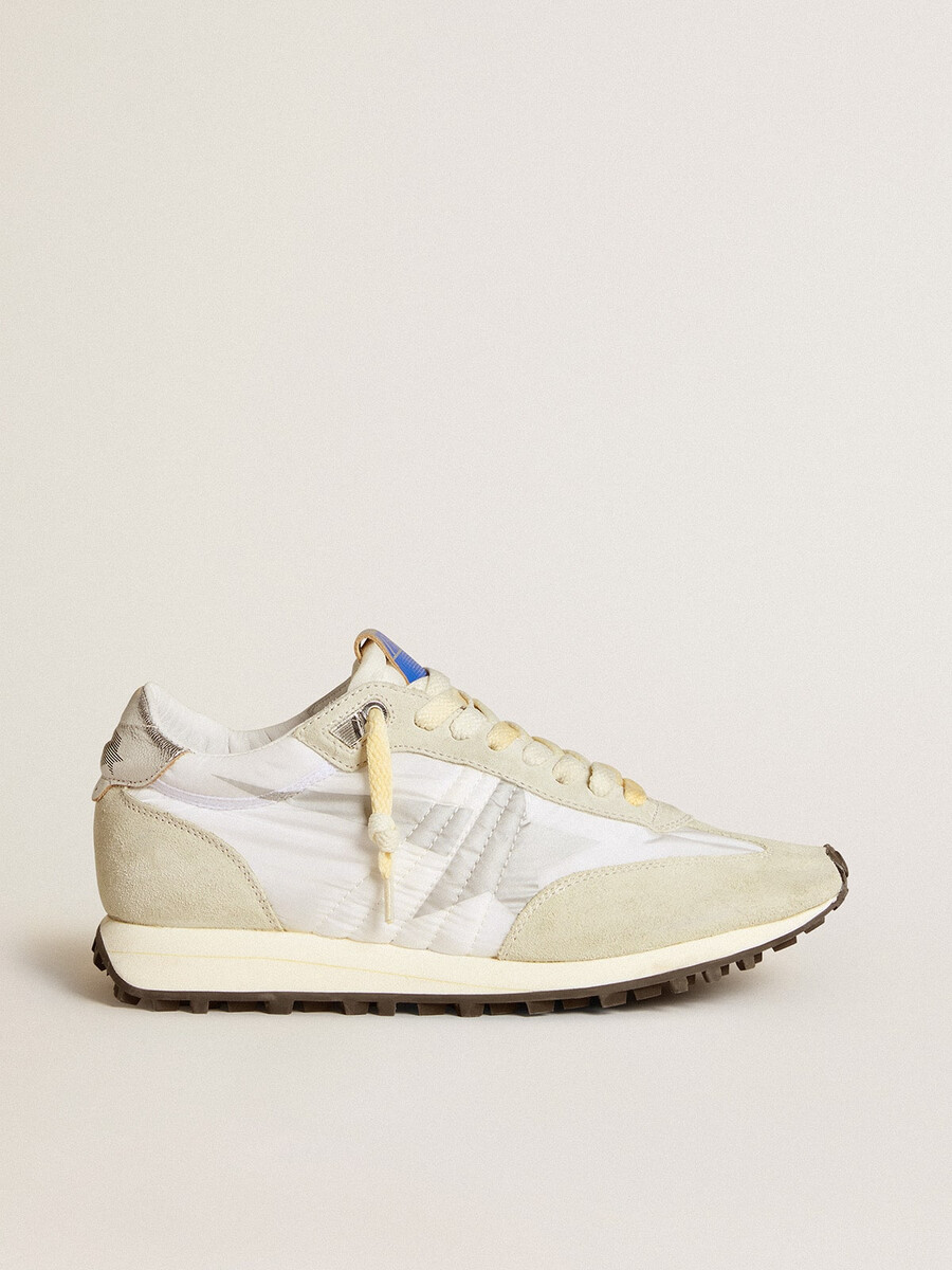 buty marathon damskie z cholewką z białego nylonu i srebrną gwiazdą