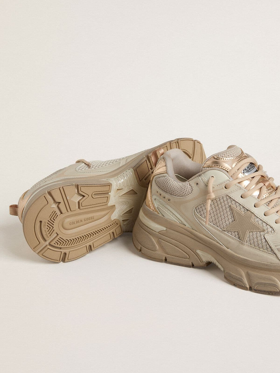 damskie buty lightstar ze skóry i siateczki w kolorze gołębiej szarości z beżową gwiazdą z tpu