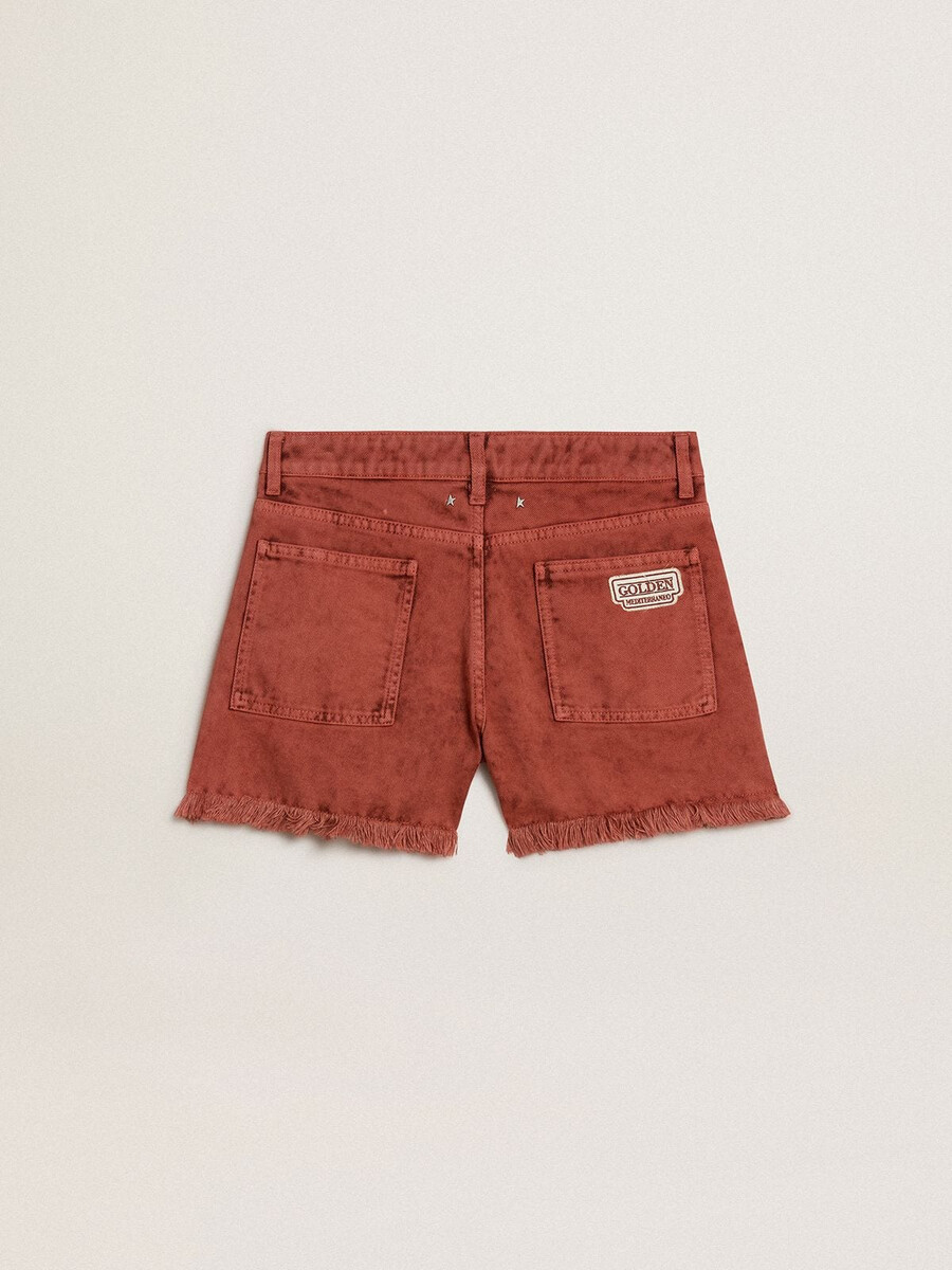 damskie szorty z ceglastoczerwonego denimu z haftem golden mediterraneo