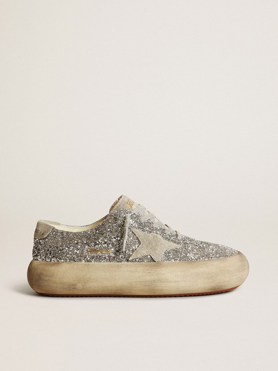 damskie buty space-star w srebrnym brokacie z lodowo-szarą gwiazdą