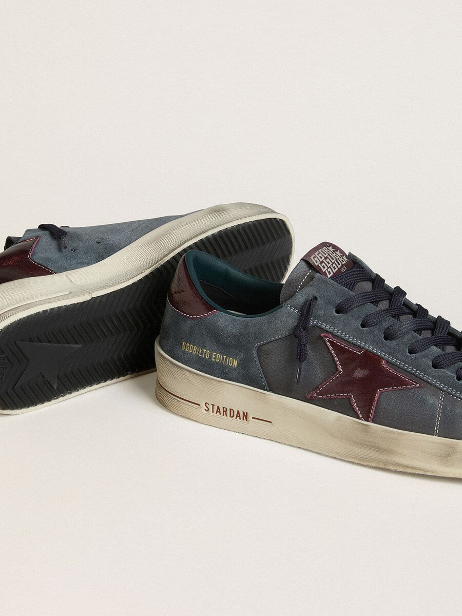 męskie buty stardan ltd z antracytowego nubuku i niebieskiego zamszu z metaliczną gwiazdą ze skóry