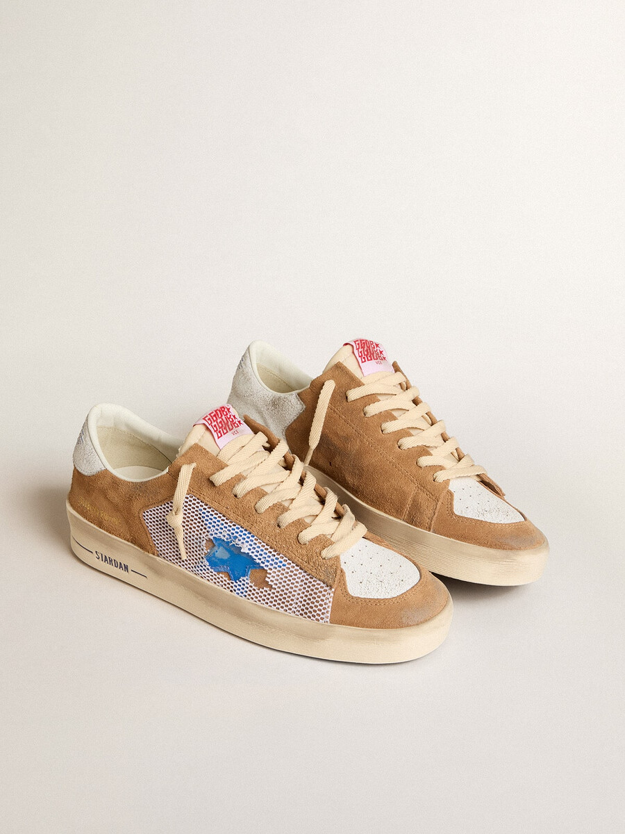 męskie buty stardan ltd z zamszu i siateczki w kolorze tabaki z niebieską gwiazdą i skórzanym paskiem na pięcie