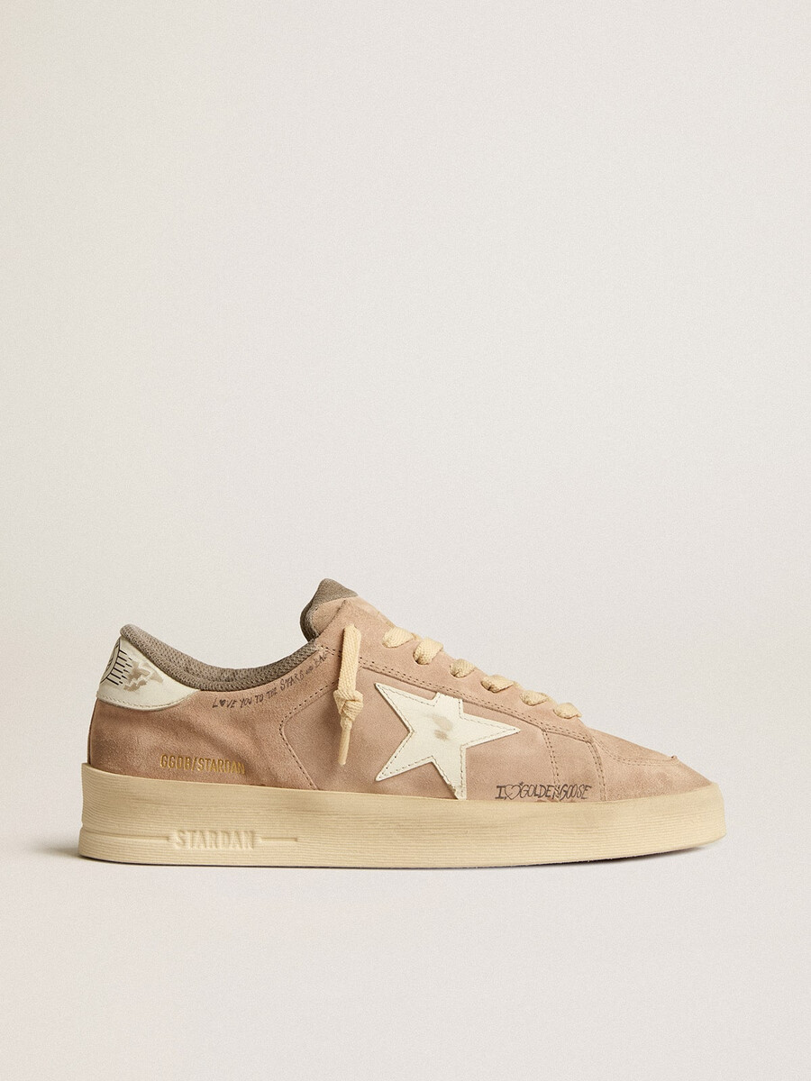 damskie buty stardan ze starego różowego zamszu z białą skórzaną gwiazdką i zapięciem na pięcie