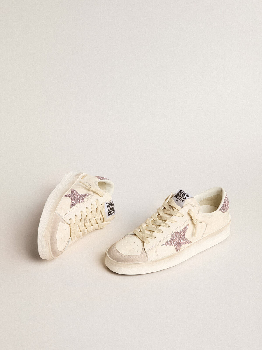 damskie buty stardan ze skóry nappa i zamszu z różową brokatową gwiazdką i zapięciem na pięcie