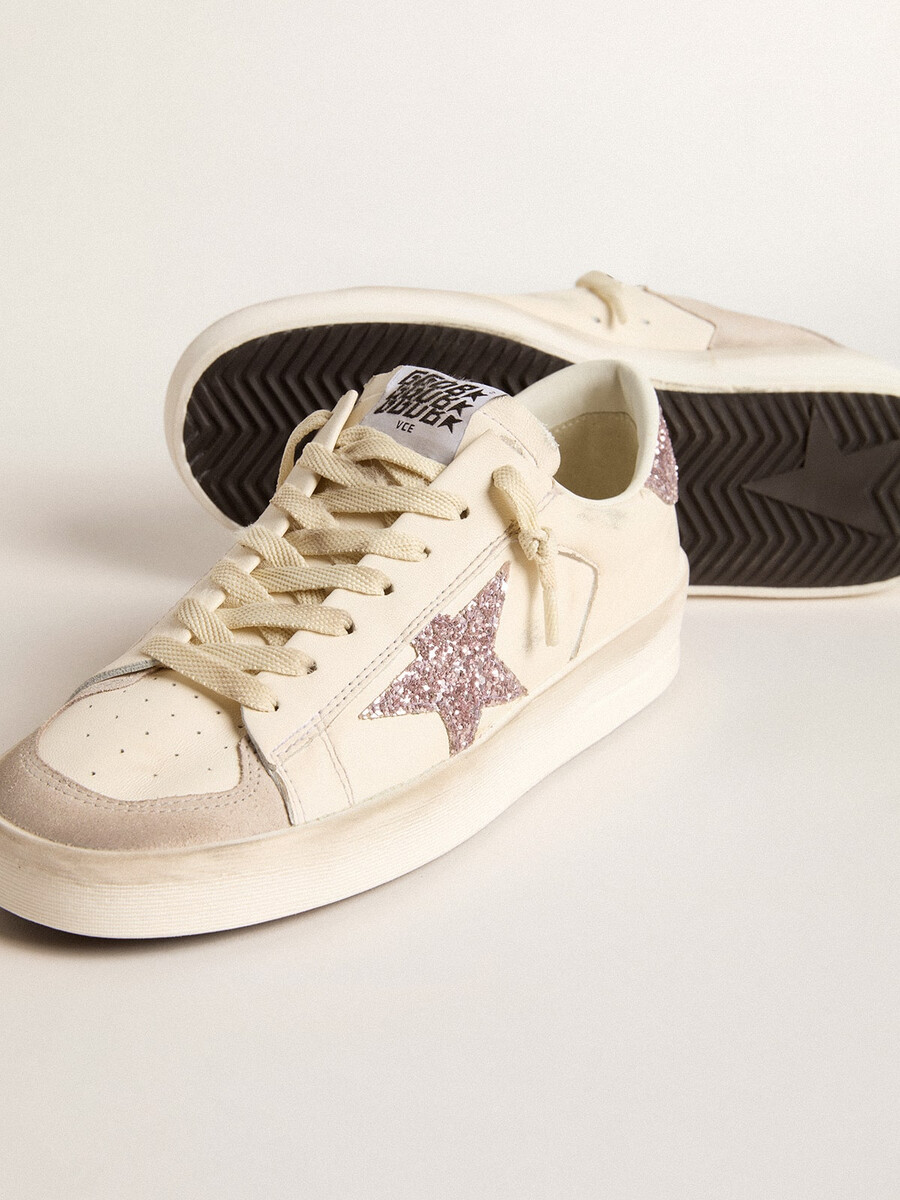 damskie buty stardan ze skóry nappa i zamszu z różową brokatową gwiazdką i zapięciem na pięcie